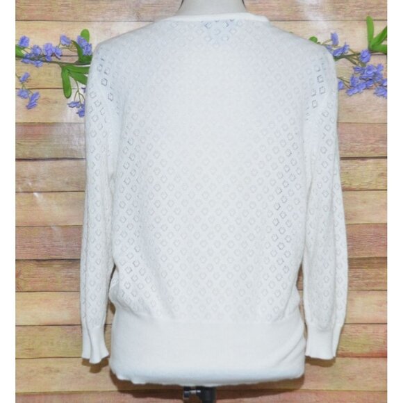 Outlander White Button Up Long Sleeve V-Neck Open Weave Cardigan Sweater Size L - Picture 7 of 10